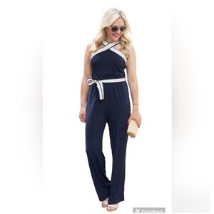 Ann Taylor‎ Women's Navy Blue White Trim Jumpsuit Size 6 Sleeveless Belted